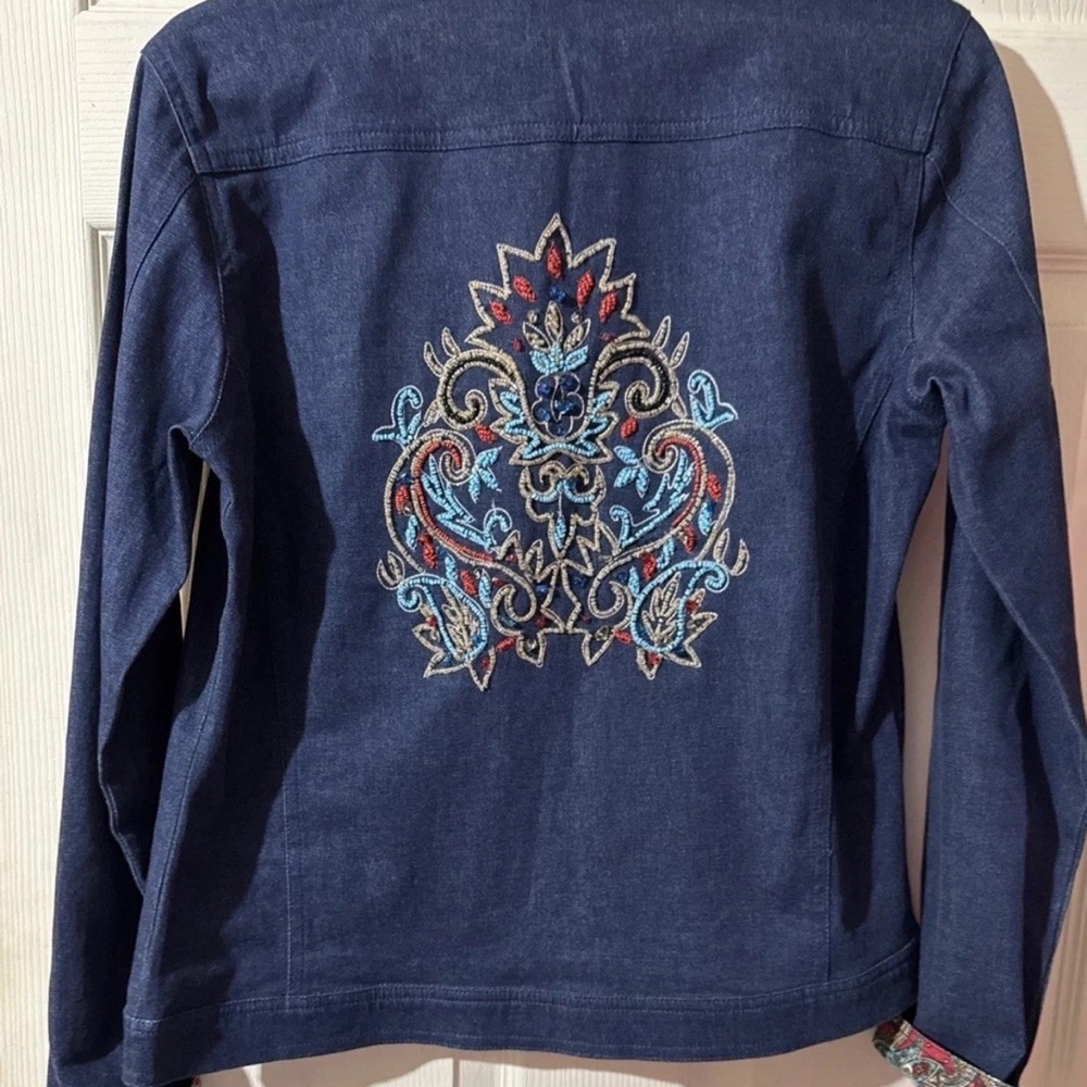 WOMENS SZ M Do-Lce Apparel Graphic Denim Jacket Boho Hippie 70’S Rock Roll Retro